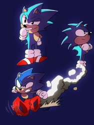 Size: 600x800 | Tagged: safe, artist:kainanh, sonic the hedgehog, blue background, classic sonic, dust clouds, running, simple background, smile, solo, standing
