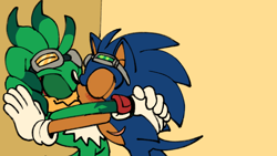 Size: 1920x1080 | Tagged: safe, artist:frostiios, jet the hawk, sonic the hedgehog, blushing, duo, eyes closed, gay, holding each other, jet x sonic, kiss, shipping, simple background, smile, standing, top surgery scars, trans male, transgender, yellow background