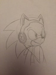 Size: 960x1280 | Tagged: safe, artist:caydebug, sonic the hedgehog, headphones, line art, looking offscreen, pencilwork, smile, solo, traditional media