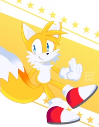 Size: 1280x1637 | Tagged: safe, artist:emiami, miles "tails" prower, 2020, abstract background, looking back, looking offscreen, signature, smile, solo, star (symbol), v sign