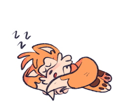 Size: 795x686 | Tagged: safe, artist:starfall-isle, miles "tails" prower, 2020, blushing, cute, eyelashes, eyes closed, lying down, lying on front, pawpads, paws, solo, white background, wrapped in tails, zzz