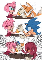 Size: 1748x2480 | Tagged: safe, artist:historiaallen, amy rose, knuckles the echidna, miles "tails" prower, sonic the hedgehog, amybetes, arm wrestling, group