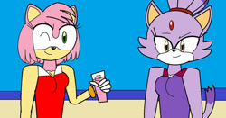 Size: 1024x538 | Tagged: safe, artist:sissycat94, amy rose, blaze the cat, cat, hedgehog, 2014, amy x blaze, beach, cute, drink, female, females only, lesbian, one eye closed, shipping