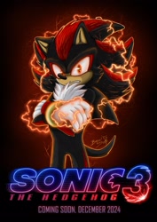 Size: 1448x2048 | Tagged: safe, artist:becci_d_artist, shadow the hedgehog, sonic the hedgehog 3 (film), 2024, arms folded, electricity, english text, frown, gradient background, looking at viewer, outline, poster, signature, solo