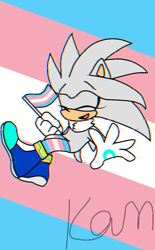 Size: 720x1160 | Tagged: safe, artist:futureboi200, silver the hedgehog, 2021, alternate universe, cute, eyelashes, eyes closed, flag, glitch, holding something, pride, pride flag, pride flag background, signature, silvabetes, smile, solo, stockings, trans female, trans pride, transgender