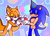 Size: 792x573 | Tagged: safe, artist:futureboi200, miles "tails" prower, sonic the hedgehog, 2022, :3, abstract background, birthday, birthday hat, duo, eyebrow clipping through hair, eyes closed, holding something, mouth open, open smile, present, smile, standing