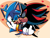 Size: 919x704 | Tagged: safe, artist:tenya, shadow the hedgehog, sonic the hedgehog, hedgehog, 2021, blushing, cute, duo, eyes closed, gay, green blush, holding each other, kiss on cheek, looking at them, male, one eye closed, shadow x sonic, shadowbetes, shipping, signature, smile, sonabetes, wagging tail
