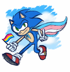 Size: 750x775 | Tagged: safe, artist:pumpkindogart, sonic the hedgehog, cape, flag, looking at viewer, pansexual, pansexual pride, pride, pride flag, running, simple background, smile, solo, trans male, trans pride, transgender, v sign, white background