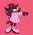 Size: 1250x1300 | Tagged: safe, artist:enbyshadow, shadow the hedgehog, alternate outfit, blushing, claws, clothes, frown, gloves off, green blush, heart, jacket, lidded eyes, looking offscreen, nonbinary, nonbinary shadow, pink background, shirt, simple background, skirt, solo, standing