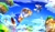 Size: 2048x1201 | Tagged: safe, artist:tripplejaz, miles "tails" prower, robotnik, sonic the hedgehog, hedgehog, human, marble garden zone, 2020, abstract background, carrying them, classic sonic, classic sonic (universe), classic tails, eggmobile, flying, lineless, male, smile, sonic the hedgehog 3, spinning tails, trio