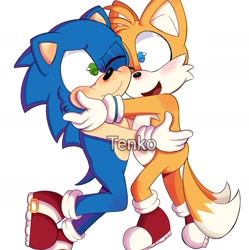 Size: 1414x1417 | Tagged: safe, artist:kentowo0, miles "tails" prower, sonic the hedgehog, 2024, blushing, cute, duo, gay, holding each other, hugging, one eye closed, shipping, signature, simple background, smile, sonic x tails, watermark, white background