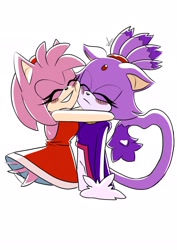 Size: 1448x2048 | Tagged: safe, artist:kcthulhu714, amy rose, blaze the cat, cat, hedgehog, 2024, alternate version, amy x blaze, amy's halterneck dress, blaze's tailcoat, cute, eyes closed, female, females only, hugging, lesbian, shipping