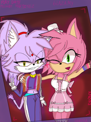 Size: 768x1024 | Tagged: safe, artist:sarangok79, amy rose, blaze the cat, cat, hedgehog, 2023, alternate version, amy x blaze, cute, female, females only, lesbian, lesbian pride, one eye closed, peace sign, pride, shipping