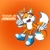Size: 2040x2048 | Tagged: safe, artist:milesprowercute, miles "tails" prower, fox, 2024, blue shoes, character name, goggles, goggles on head, gradient background, male, mouth open, open smile, orange background, outline, pointing, smile, solo, white outline, wink