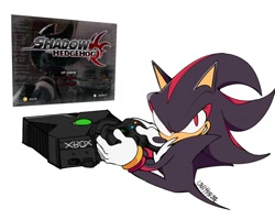Size: 1998x1600 | Tagged: safe, artist:candyypirate, shadow the hedgehog, sonic x shadow generations, 2024, controller, gaming, holding something, looking at viewer, shadow the hedgehog (video game), signature, simple background, smile, solo, video game console, white background, xbox