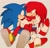 Size: 1558x1507 | Tagged: safe, artist:yuuki_sasami, knuckles the echidna, sonic the hedgehog, echidna, hedgehog, 2024, beige background, blushing, duo, gay, holding each other, knuxonic, male, mouth open, one fang, shipping, simple background, sitting, smile, treads