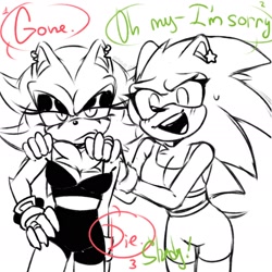 Size: 2024x2024 | Tagged: safe, artist:m3eoweow, shadow the hedgehog, sonic the hedgehog, 2024, cleavage, clothes, crop top, dialogue, duo, ear piercing, earring, english text, eyeshadow, frown, gender swap, hands on another's shoulders, lesbian, lidded eyes, line art, looking at viewer, mouth open, r63 shipping, shadow x sonic, shipping, shorts, simple background, smile, standing, sweatdrop, white background