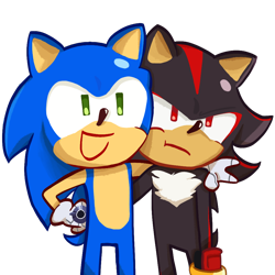 Size: 1000x1000 | Tagged: safe, artist:wikihowhowtoexist, shadow the hedgehog, sonic the hedgehog, sonic prime, 2024, arm around shoulders, duo, frown, gay, hand on another's back, hand on hip, looking offscreen, mouth open, redraw, shadow x sonic, shipping, simple background, smile, sonic prime s3, standing, style emulation, transparent background, v sign