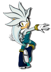 Size: 2480x3507 | Tagged: safe, artist:madam-monochrom, silver the hedgehog, 2018, gender swap, looking at viewer, looking back, looking back at viewer, mouth open, standing on one leg, uekawa style