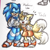 Size: 1000x1000 | Tagged: safe, artist:pastelsketches64, miles "tails" prower, sonic the hedgehog, 2018, character name, clothes, duo, english text, eyes closed, gender swap, jacket, looking at them, modern sonic, modern tails, mouth open, one eye closed, overalls, pants, sketch, smile, standing, traditional media