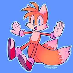 Size: 1280x1280 | Tagged: safe, artist:11sheepish11, miles "tails" prower, arms out, blue background, cute, looking at viewer, mouth open, outline, signature, simple background, smile, solo, tailabetes