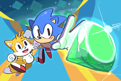 Size: 1280x853 | Tagged: safe, artist:dreaminerryday, miles "tails" prower, sonic the hedgehog, sonic the hedgehog 2, abstract background, chaos emerald, classic sonic, classic tails, duo, looking at viewer, signature, smile, special stage