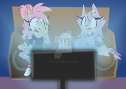 Size: 1280x905 | Tagged: safe, artist:crystalfox99, amy rose, blaze the cat, cat, hedgehog, 2023, amy x blaze, female, females only, lesbian, popcorn, shipping, television