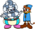 Size: 896x755 | Tagged: safe, artist:kyurem2424, belle the tinkerer, tangle the lemur, alternate outfit, cosplay, duo, female, geno, grin, looking at each other, mallow, mayrio month, simple background, smile, tail wrap, wrapped in tail