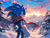 Size: 1024x772 | Tagged: safe, ai art, artist:dreamup.ai, sonic the hedgehog, 2024, abstract background, deviantart watermark, frown, looking offscreen, mountain, outdoors, prompter:leork-dream, scarf, snow, snowing, solo, standing, tree, watermark, winter