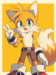 Size: 900x1195 | Tagged: safe, ai art, artist:dreamup.ai, miles "tails" prower, 2024, belt, blushing, border, clothes, cute, looking at viewer, missing limb, mouth open, one fang, pants, prompter:leork-dream, simple background, smile, solo, standing, v sign, yellow background