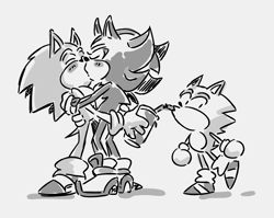 Size: 853x678 | Tagged: safe, artist:brobexx, shadow the hedgehog, sonic the hedgehog, sonic x shadow generations, blushing, classic sonic, drinking, eyes closed, gay, grey background, grey fur, holding something, kiss, meme, monochrome, shadow x sonic, shipping, simple background, standing, trio