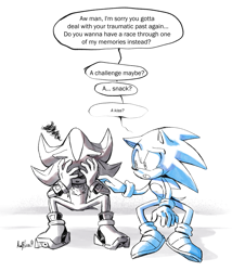 Size: 1751x2050 | Tagged: safe, artist:auroblaze, shadow the hedgehog, sonic the hedgehog, sonic x shadow generations, 2024, dialogue, duo, english text, gay, hand on another's shoulder, shadow x sonic, shipping, signature, simple background, sitting, speech bubble, white background