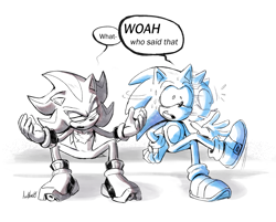 Size: 1907x1531 | Tagged: safe, artist:auroblaze, shadow the hedgehog, sonic the hedgehog, sonic x shadow generations, dialogue, duo, english text, gay, looking at them, panicking, shadow x sonic, shipping, signature, simple background, sitting, speech bubble, white background