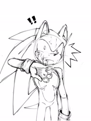 Size: 1536x2048 | Tagged: safe, artist:hernandez_arwen, sonic the hedgehog, 2024, bleeding, bleeding from mouth, blood, exclamation mark, injured, line art, shrunken pupils, simple background, sketch, solo, standing, top surgery scars, trans male, transgender, white background