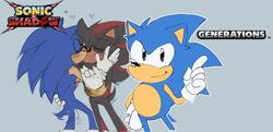 Size: 2048x992 | Tagged: safe, artist:exclusonic, shadow the hedgehog, sonic the hedgehog, sonic x shadow generations, 2024, blushing, classic sonic, eyes closed, gay, grey background, heart, holding each other, kiss, looking at viewer, outline, pointing, self paradox, shadow x sonic, shipping, simple background, smile, standing, trio