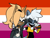 Size: 2000x1500 | Tagged: safe, artist:qqhoneydew_, tangle the lemur, whisper the wolf, arm around shoulders, duo, flat colors, laughing, lesbian, lesbian pride, pride, pride flag, pride flag background, shipping, smile, standing, tangle x whisper