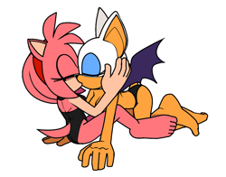 Size: 1288x1011 | Tagged: dead source, suggestive, artist:qqhoneydew_, amy rose, rouge the bat, all fours, bra, duo, eyes closed, hands on another's face, kiss, lesbian, panties, rougamy, shipping, simple background, sitting, underwear, white background