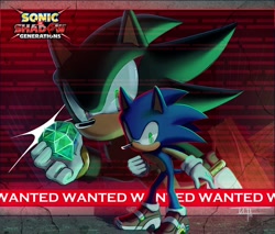 Size: 2048x1746 | Tagged: safe, artist:ira_theartist, shadow the hedgehog, sonic the hedgehog, sonic x shadow generations, 2024, abstract background, chaos emerald, duo, english text, holding something, standing, wanted poster