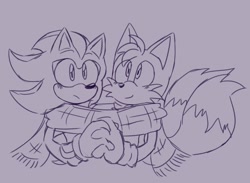 Size: 1790x1312 | Tagged: safe, artist:jeffydust, miles "tails" prower, shadow the hedgehog, 2024, cute, duo, gay, holding hands, line art, looking at viewer, looking offscreen, purple background, scarf, shadow x tails, shipping, simple background, smile