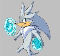 Size: 1456x1357 | Tagged: safe, artist:michiganimator, silver the hedgehog, 2024, claws, clenched fists, fingerless gloves, grey background, looking offscreen, simple background, smile, solo, standing