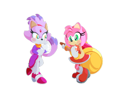 Size: 960x720 | Tagged: safe, artist:fellinekin, amy rose, blaze the cat, cat, hedgehog, 2022, amy x blaze, amy's halterneck dress, blaze's tailcoat, cookie, cute, female, females only, lesbian, piko piko hammer, shipping