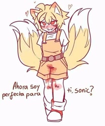 Size: 480x577 | Tagged: safe, artist:marindividuo, miles "tails" prower, human, 2023, blood, blushing, blushing ears, clothes, dialogue, fox ears, fox tail, hands behind back, heart, humanized, implied sonic, looking offscreen, overalls, partially humanized, red eyes, simple background, solo, spanish text, standing, trans female, transgender, white background, yandere