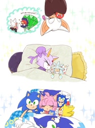 Size: 650x869 | Tagged: safe, artist:yotsumeddd, amy rose, blaze the cat, rouge the bat, shadow the hedgehog, silver the hedgehog, sonic the hedgehog, master emerald, sleeping