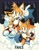 Size: 1604x2048 | Tagged: dead source, safe, artist:thatbirdguy_, miles "tails" prower, fox, abstract background, character name, classic tails, duo, looking at viewer, male, modern tails, mouth open, pointing, self paradox, smile, star (symbol)