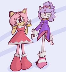 Size: 1010x1101 | Tagged: safe, artist:laverrepalette, amy rose, blaze the cat, cat, hedgehog, 2024, amy x blaze, amy's halterneck dress, blaze's tailcoat, cute, female, females only, lesbian, looking at them, shipping