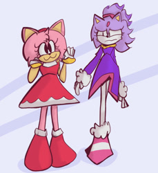 Size: 1010x1101 | Tagged: safe, artist:laverrepalette, amy rose, blaze the cat, cat, hedgehog, 2024, alternate version, amy x blaze, amy's halterneck dress, blaze's tailcoat, cute, female, females only, lesbian, looking at them, shipping