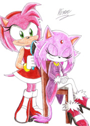 Size: 900x1259 | Tagged: safe, artist:miszcz90, amy rose, blaze the cat, cat, hedgehog, 2014, amy x blaze, amy's halterneck dress, blaze's tailcoat, brushing, cute, eyes closed, female, females only, lesbian, shipping