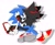 Size: 1103x915 | Tagged: safe, artist:ravine_ice45, shadow the hedgehog, sonic the hedgehog, 2024, duo, eyes closed, gay, hands on another's face, looking at them, male, shadow (lighting), shadow x sonic, shipping, signature, simple background, sitting, smile, treads, white background