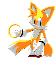 Size: 1128x1200 | Tagged: safe, artist:genesishero, miles "tails" prower, 2024, holding something, looking at viewer, ring, simple background, smile, solo, standing, white background