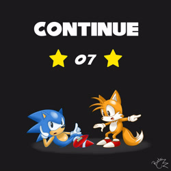 Size: 1600x1600 | Tagged: safe, artist:riotaiprower, miles "tails" prower, sonic the hedgehog, 30 days sonic, sonic the hedgehog 2, 2021, black background, classic sonic, classic style, classic tails, continue screen, english text, frown, mouth open, redraw, signature, simple background, star (symbol)